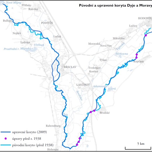 Mapa srovnání původních a regulovaných koryt Dyje a Moravy.