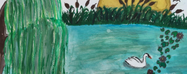 Obrázek ze soutěže Voda v krajině, na kterém je namalovaná labuť na rybníce.
